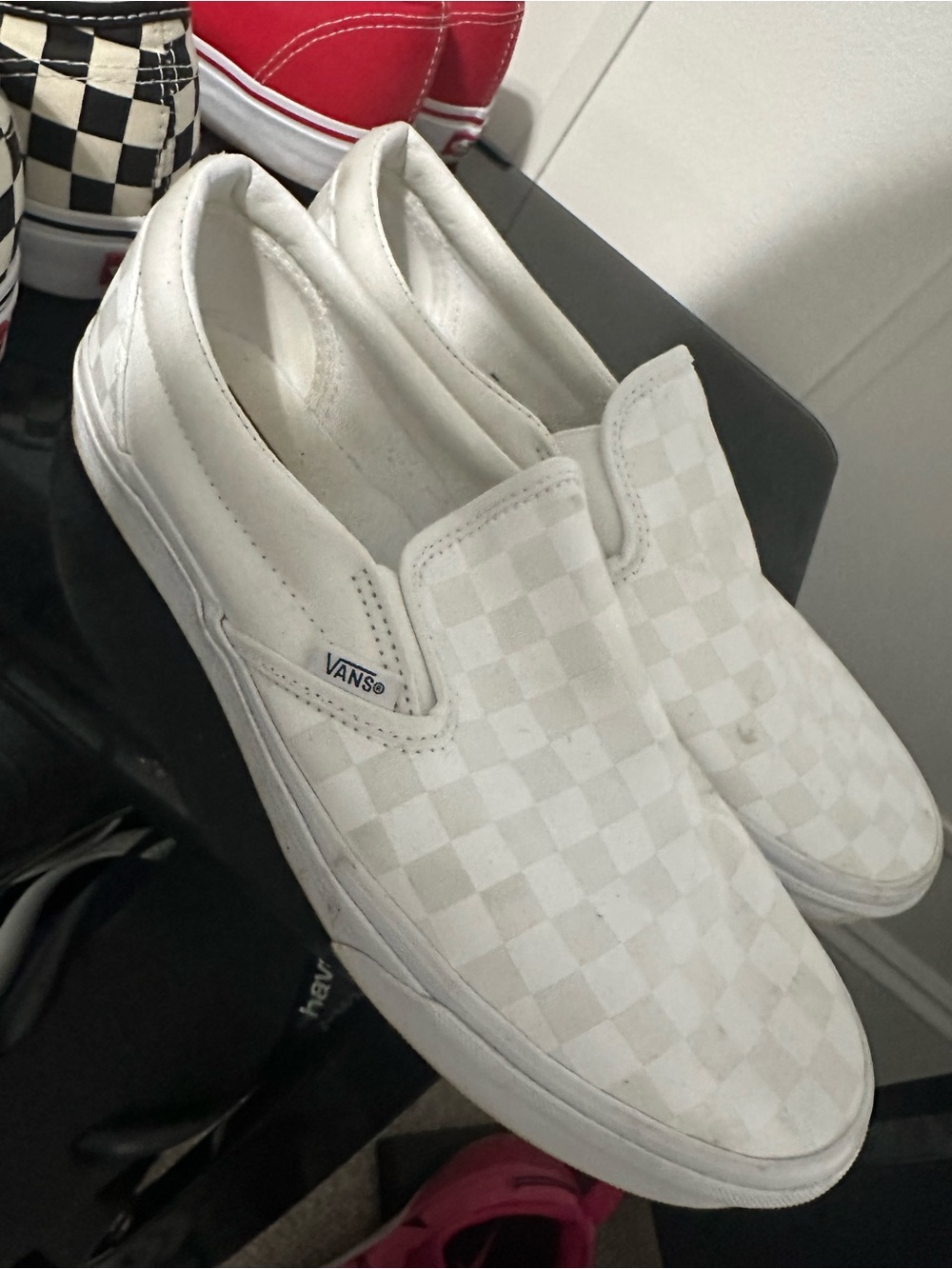 Vans White Checkerboard Slip-On Loafers